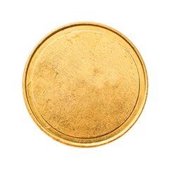 Foto op Canvas Golden mockup coin, empty coin with worn surface. Isolated on white. Ready for clipping path. © Dmytro