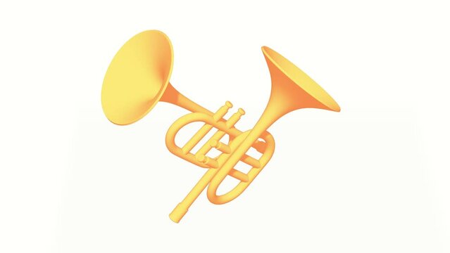 Trumpet pipe fife musical instrument spin on white background. 4K FullHD and HD render footage animation