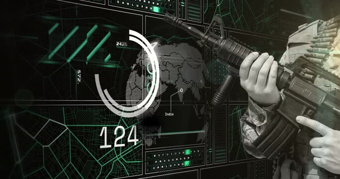 Animation of hand of soldier holding gun over scanner, globe and data processing on interface
