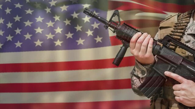 Animation of hands of soldier holding assault rifle over waving american flag