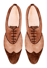 Watercolor illustration, elegant brown men's shoes in retro style isolated on white background.