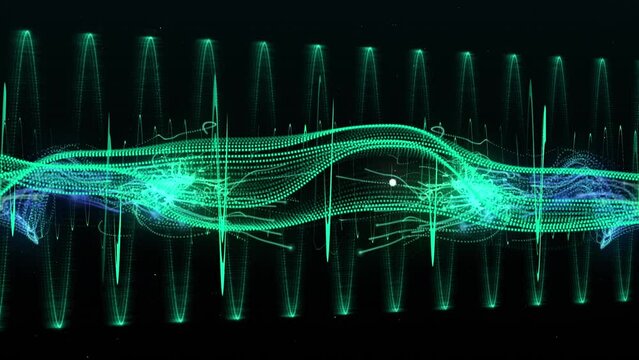 Animation of glowing green and blue light trails moving on back background