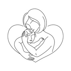 woman with a baby, a mother and a child. The concept of motherhood and child care in a linear style. Isolated vector illustration