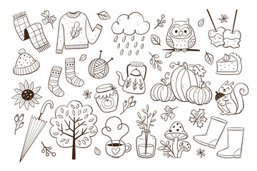 Cute doodle autumn objects isolated. Collection of seasonal things like clothing, pumpkins, food, and fall animals, perfect for creating autumn decorative designs.