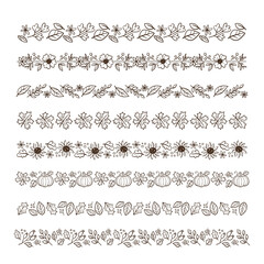 Obraz premium Autumn floral decorative border collection. Seamless borders with fall leaves, seasonal flowers, and pumpkins. Doodle isolated elements. Vector illustration.