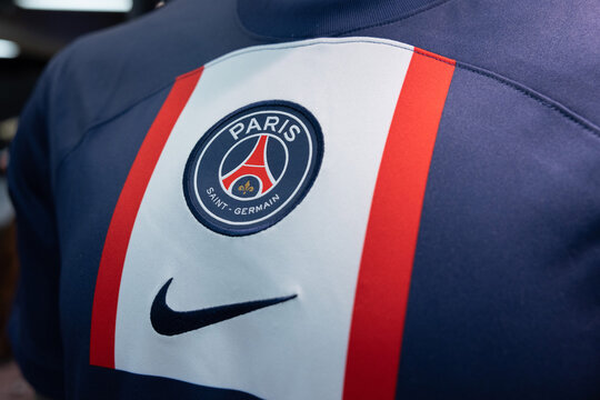 View of PSG Paris Saint Germain Football Club Crest on New Home Kit