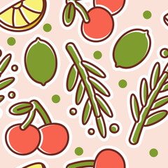 Sweet cherry, lime and lemon vector cartoon seamless pattern background for wallpaper, wrapping, packing, and backdrop.