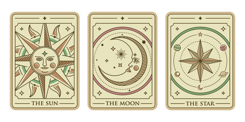 the sun, the moon and the star tarot card illustration vector. Vintage mystic sun, moon and star tarot card in ornamental line art style. Esoteric banner with astrology style. - obrazy, fototapety, plakaty