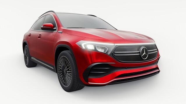 Berlin. Germany. June 12, 2022. Red Mercedes-Benz EQA 2022. 3d model of a family innovative electric SUV car on a white background. 3d rendering.