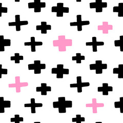 Obraz premium Hand drawn watercolor black and pink cross shapes on white. Seamless abstract pattern. Trendy geometric illustrtion.