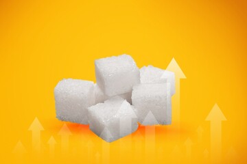 Ascending sugar cube graph with arrows indicating to reduce sugar intake and healthy nutrition.