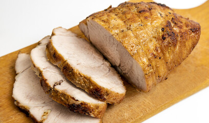 Cooking meat dishes. Sliced pork tenderloin. top view.