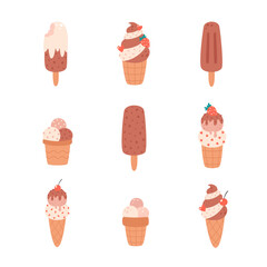 Chocolate and vanilla ice cream collection. Ice cream cone, ice lolly, ice cream in cup. Summertime, hello summer. Hand drawn vector illustration