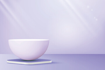 Sphere-shaped podium for product display on pastel purple background