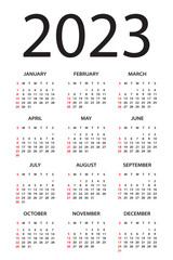 Calendar 2023 - illustration. Week starts on Sunday
