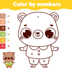 Coloring page with cute cartoon bear. Color by numbers picture for toddlers and kids. Educational children game.