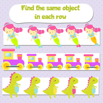 Children educational game. Find two same pictures of toys