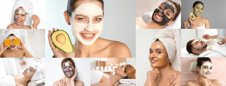 Collage with photos of people with cleansing and moisturizing masks on faces. Banner design