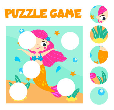 Puzzle for toddlers. Cut and Match pieces and complete the picture of cute mermaid. Educational game for children
