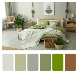 Color palette and photo of stylish bedroom interior. Collage