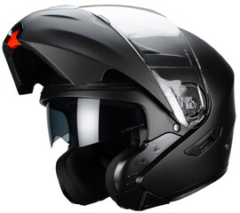 casco de motociclista negro abatible fondo blanco lente para sol vista abierto
