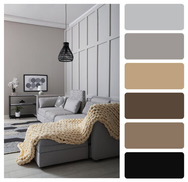 Color palette and photo of stylish living room interior. Collage