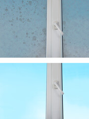 Collage with photos of window before and after cleaning indoors