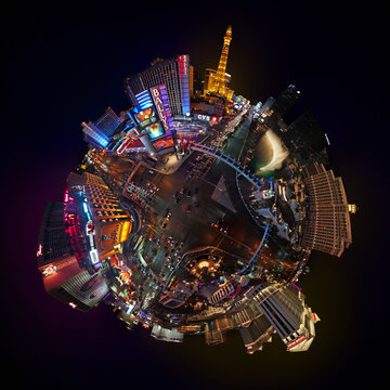 LAS VEGAS STRIP AT NIGHT - 360 DEGREES PLANET PANORAMA - DRONE SHOT.
