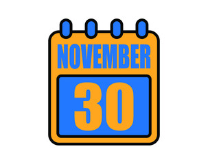 30 November calendar. November calendar icon in blue and orange. Vector Calendar Page Isolated on White Background.