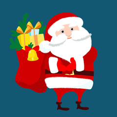 Santa Claus carries a bag with gifts. Winter funny character design. Christmas illustration in cartoon flat style.