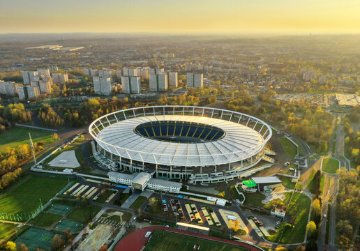 Aerial view of Stadion Slaski - football stadium in Chorzow City, Poland. Sunset. Drone shot.