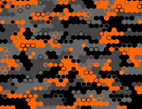 
Hexagon camo vector pattern seamless black gray orange background, trendy digital print.