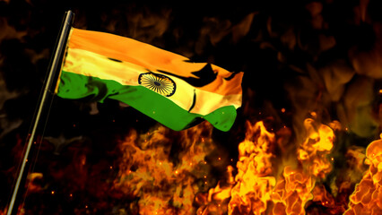 flag of India on burning fire background - hard times concept - abstract 3D illustration