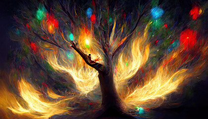 Blazing tree of light and color, original artwork