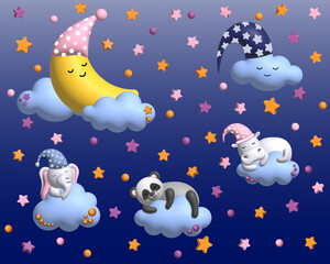 Sweet moon and baby elephant are sleeping in the clouds. Cartoon character for invitation, print and greeting card. Lullaby theme. Children's background with moon, stars, clouds. 3d render