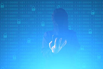 antivirus cyber security firewall,software virus protection, hacker attack, cybercrime, digital data protection, antivirus, hacker with a tablet on the background of binary code