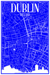 Technical drawing printout city poster with panoramic skyline and hand-drawn streets network on blue background of the downtown DUBLIN, IRELAND