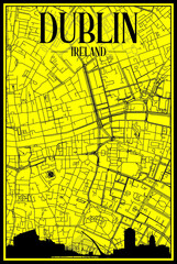 Golden printout city poster with panoramic skyline and hand-drawn streets network on yellow and black background of the downtown DUBLIN, IRELAND