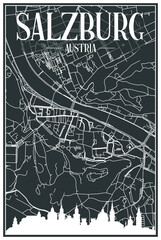 Dark printout city poster with panoramic skyline and hand-drawn streets network on dark gray background of the downtown SALZBURG, AUSTRIA