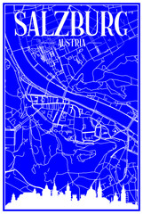 Technical drawing printout city poster with panoramic skyline and hand-drawn streets network on blue background of the downtown SALZBURG, AUSTRIA