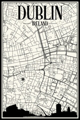 Light printout city poster with panoramic skyline and hand-drawn streets network on vintage beige background of the downtown DUBLIN, IRELAND