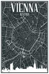 Dark printout city poster with panoramic skyline and hand-drawn streets network on dark gray background of the downtown VIENNA, AUSTRIA