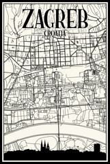 Light printout city poster with panoramic skyline and hand-drawn streets network on vintage beige background of the downtown ZAGREB. CROATIA