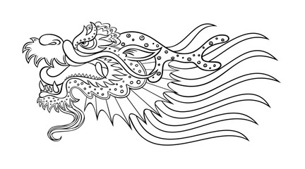 Fictional dragon stylized in Chinese style. Chinese dragon head. Vector contour illustration isolated on white.