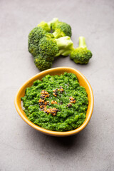 Fresh broccoli chutney or paste, puree in the bowl with raw pieces