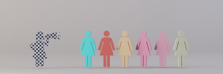 icons figures of several women in multi-colored dresses standing next to each other,among which is one female house worker speaking into a bullhorn in a black and white dress.3d render.3d illustration