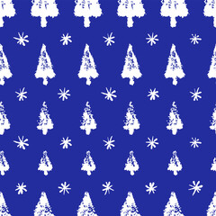 Fototapeta na wymiar Small white ink Christmas trees and snowflakes isolated on blue background. Cute monochrome seamless pattern. Vector simple flat graphic hand drawn illustration. Texture.
