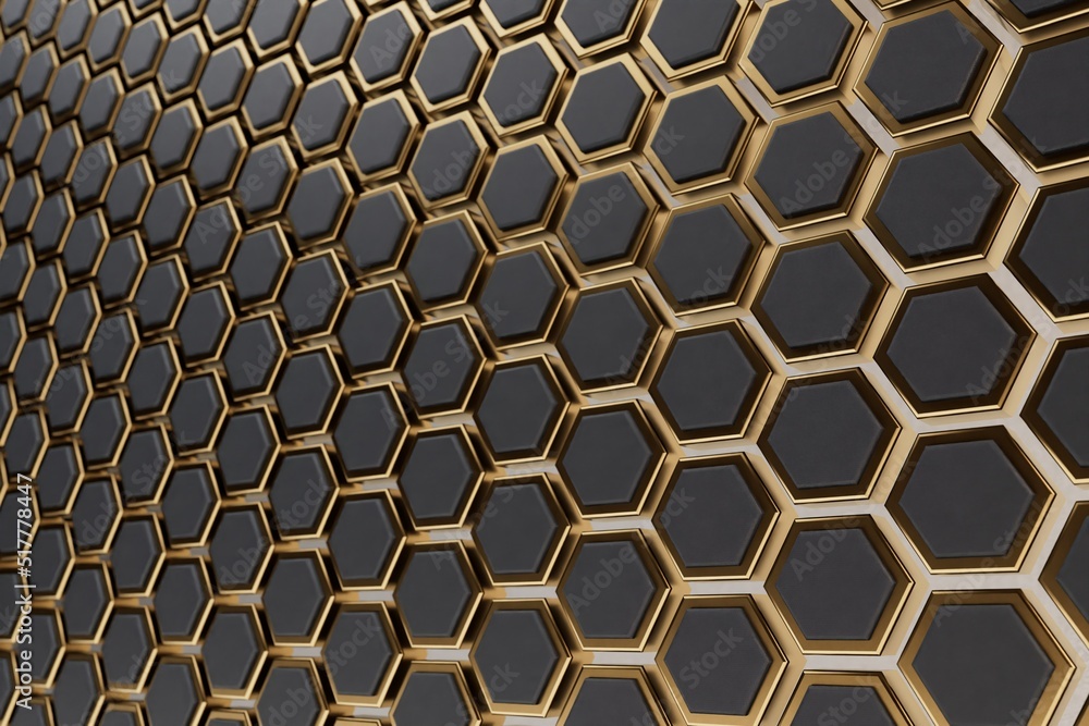 Aufkleber abstract background. a grid of illuminated golden hexagons on a black background. 3d render. 3d illu