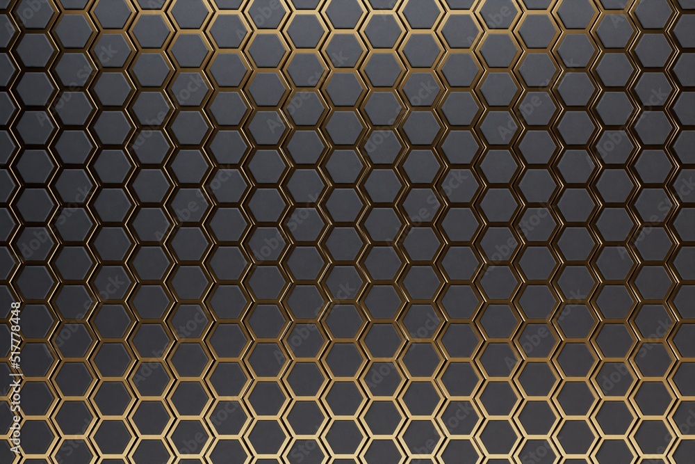 Poster abstract background. a grid of golden hexagons on a black background illuminated from above and belo