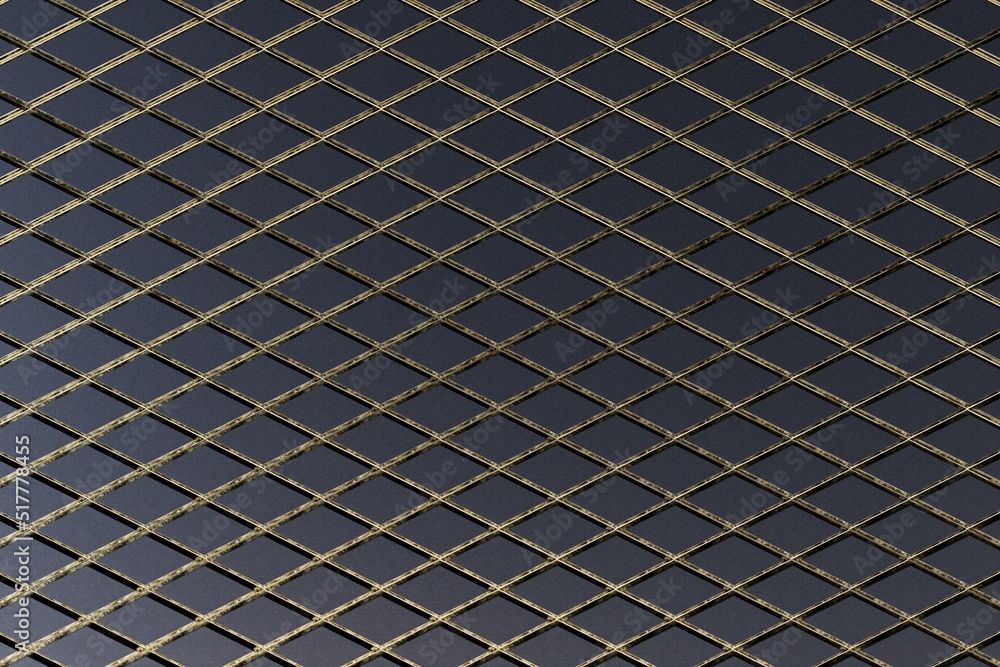Poster abstract background. a grid of rhombuses of golden color on a black background. 3d render. 3d illust